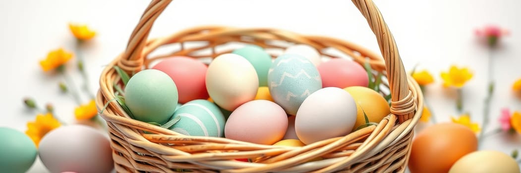A wicker basket filled with pastel-colored Easter eggs sits on a light surface. Surrounding the basket are delicate spring flowers, enhancing the festive atmosphere.