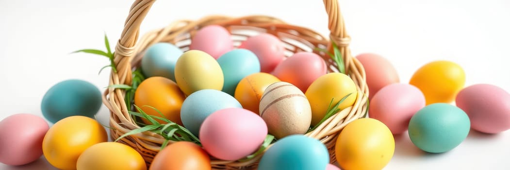 A wicker basket filled with vibrant easter eggs in various colors sits on a white background, symbolizing joy and renewal during spring celebrations.