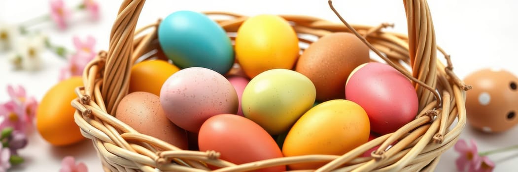 A woven basket filled with pastel and bright colored Easter eggs sits on a table, surrounded by delicate spring flowers and festive decorations, celebrating the holiday spirit.