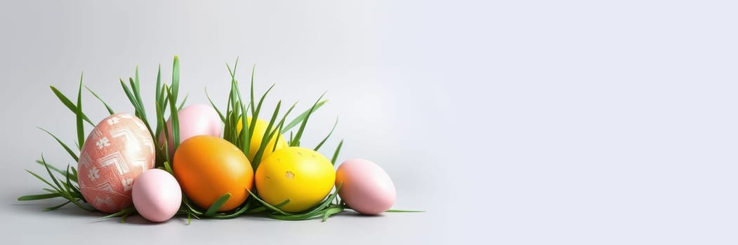 Vibrantly colored Easter eggs in shades of pink, yellow, and orange are nestled in soft green grass, creating a cheerful spring atmosphere perfect for seasonal celebrations.