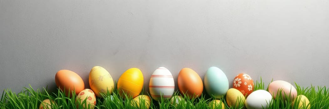 A variety of decorated Easter eggs in pastel colors sit among green grass, creating a festive atmosphere for spring festivities. The eggs exhibit intricate designs and patterns.