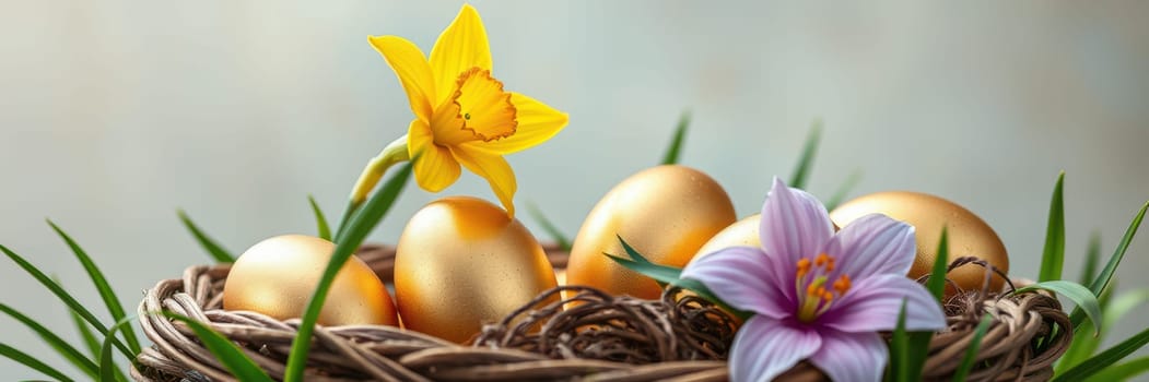 A decorative nest holds several golden eggs surrounded by fresh green grass and blooming flowers, capturing the essence of springtime festivities and renewal.