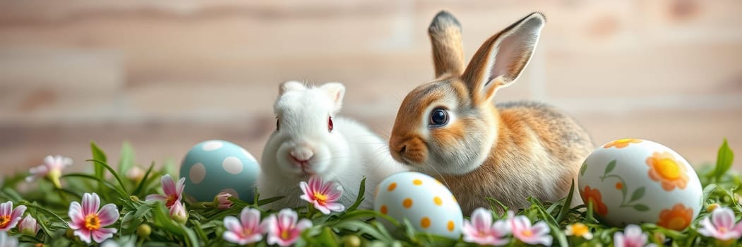 Two adorable rabbits, one grey and one white, are surrounded by intricately painted eggs and vibrant flowers. This cheerful display captures the joy of Easter festivities.