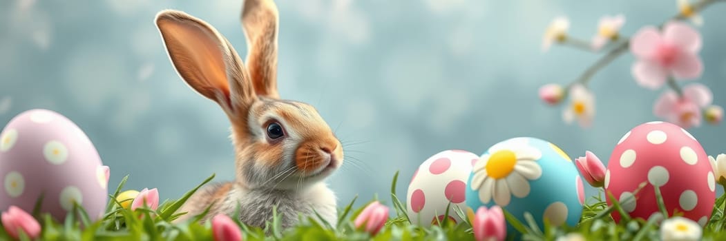A charming rabbit sits amidst vibrant easter eggs decorated with patterns, surrounded by blooming flowers, capturing the essence of spring. The bright colors evoke a festive atmosphere.