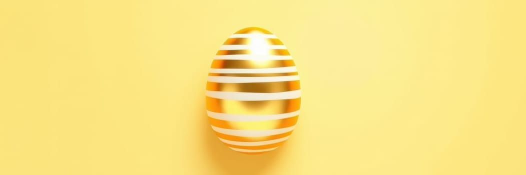 A shiny golden egg with white stripes spins slowly against a bright yellow background, capturing the essence of spring festivities and Easter traditions.