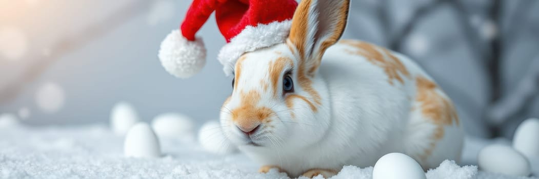 A playful rabbit is adorned with a bright red Santa hat, sitting amidst fluffy white snow and decorated eggs, creating a charming winter holiday atmosphere.