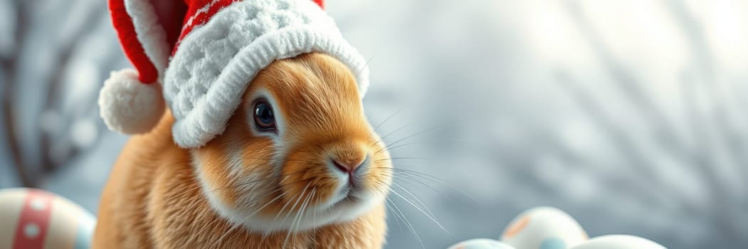 A fluffy rabbit is seen wearing a cozy Santa hat, sitting amid colorful Christmas ornaments. The atmosphere reflects a joyful holiday spirit, perfect for winter celebrations.