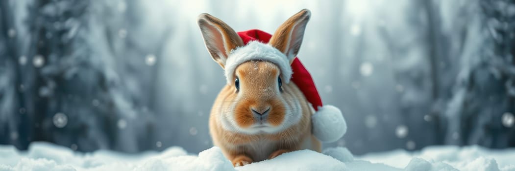 A rabbit wearing a festive Santa hat rests in the snow, surrounded by tall trees blanketed with snowflakes. The serene winter environment enhances the holiday spirit.