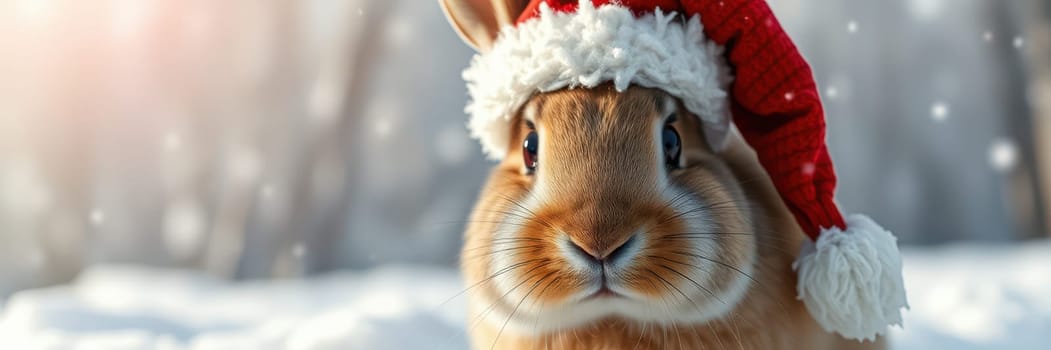 A fluffy rabbit dons a festive Santa hat while surrounded by snow in a winter wonderland, capturing the joyous spirit of the holiday season.