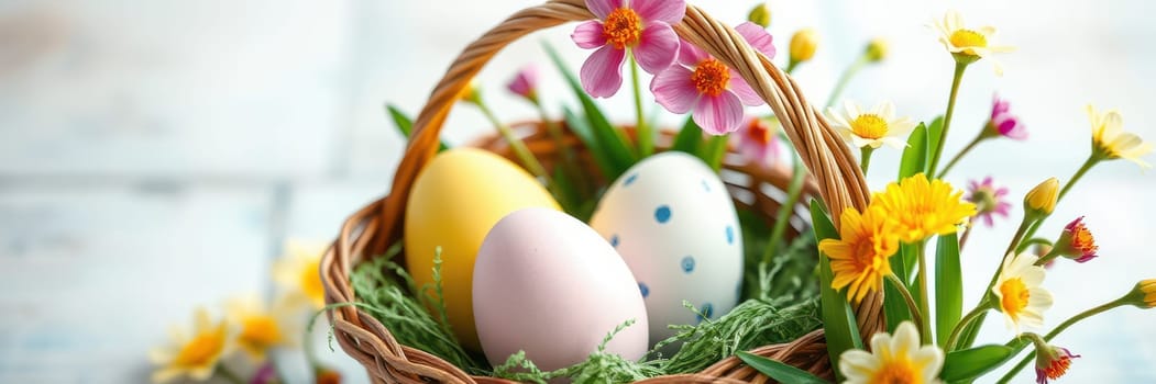 A decorative basket filled with pastel Easter eggs sits amidst vibrant fresh flowers and green foliage, creating a festive spring atmosphere. The colorful setup is inviting and cheerful.