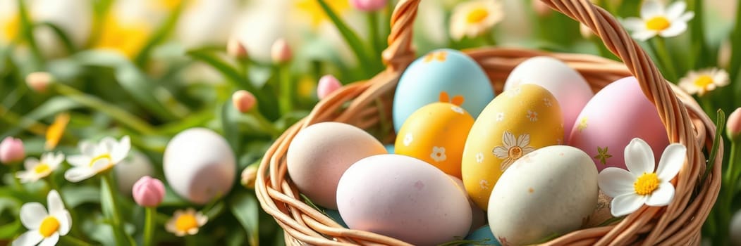 A woven basket filled with pastel-colored Easter eggs showcases a cheerful arrangement. Surrounding the basket are blooming spring flowers under bright sunlight, creating a festive mood.