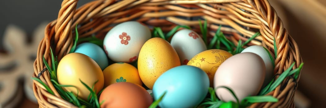 A woven basket filled with an assortment of decorative eggs in various colors rests on a table. Green grass peeks out, adding a festive touch for spring festivities.