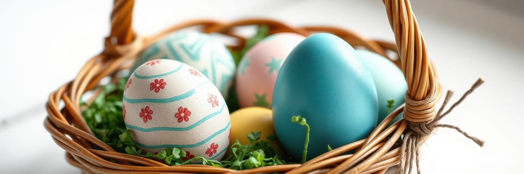 A woven basket holds a variety of painted eggs in vibrant colors and patterns, nestled among soft green grass, creating a festive spring atmosphere.