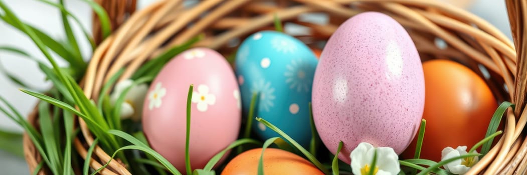 A collection of vibrant, painted eggs in shades of pink, blue, and orange arranged in a woven basket.