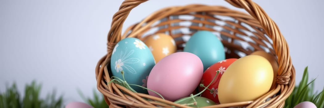 A wicker basket filled with vibrant, hand-painted Easter eggs of various colors rests on a lush green grass surface, celebrating the festive season.