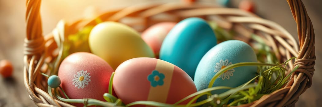 A woven basket holds vibrant Easter eggs in pastel shades of pink, blue, and yellow, adorned with floral designs. The scene captures the essence of springtime festivities.