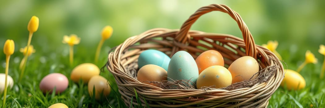 A woven basket filled with pastel-colored eggs sits on lush green grass. Yellow flowers bloom nearby, creating a cheerful spring ambiance perfect for Easter celebrations.