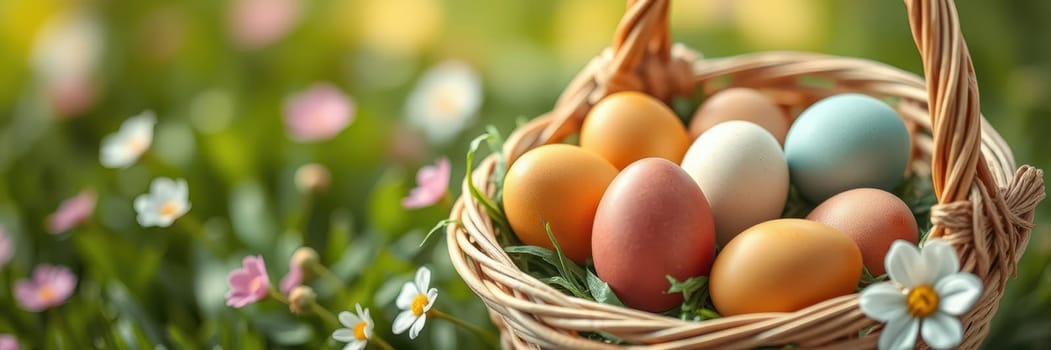 A woven basket filled with vibrant Easter eggs sits nestled among blooming flowers in a garden. Spring sunlight highlights the cheerful colors, creating a festive atmosphere.