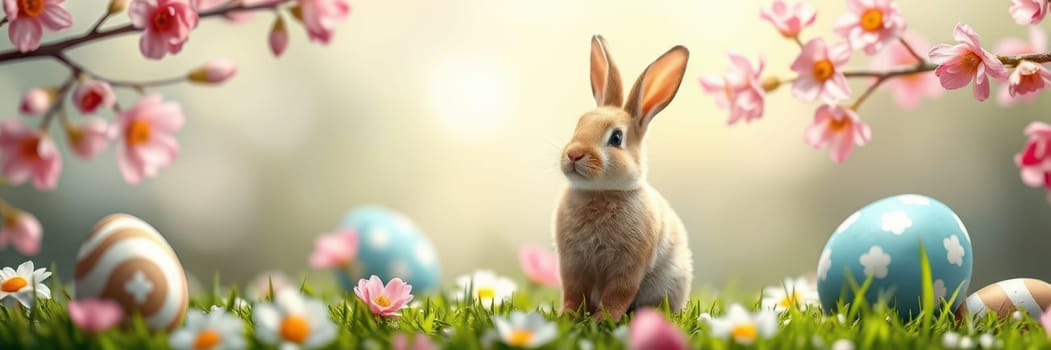 A fluffy bunny stands amidst colorful Easter eggs and blooming flowers in a bright, cheerful garden. The atmosphere feels lively and joyful, typical of spring.
