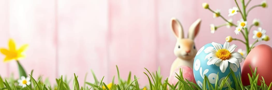 Brightly colored Easter eggs are nestled in green grass, accompanied by a charming bunny and delicate flowers. This vibrant spring scene captures the essence of celebration.