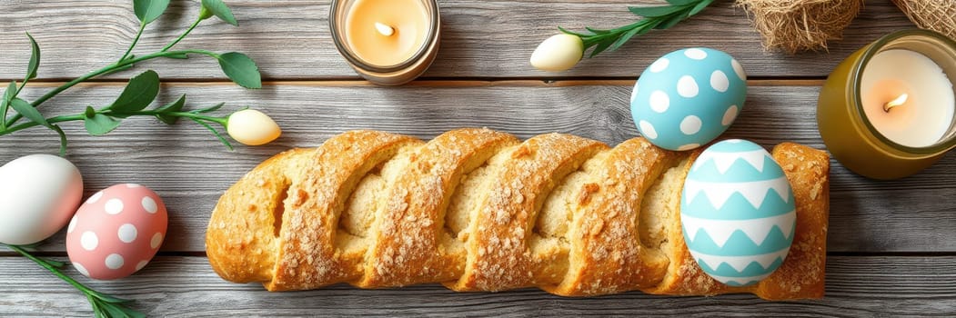 Freshly baked bread is artfully displayed with decorative Easter eggs on a rustic wooden table. Candles and greenery enhance the joyful atmosphere, perfect for a spring gathering.