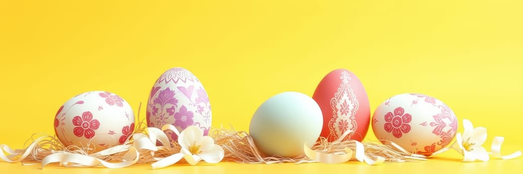 Five beautifully decorated Easter eggs are displayed on a vibrant yellow background, accompanied by flowers and straw, creating a cheerful holiday atmosphere.