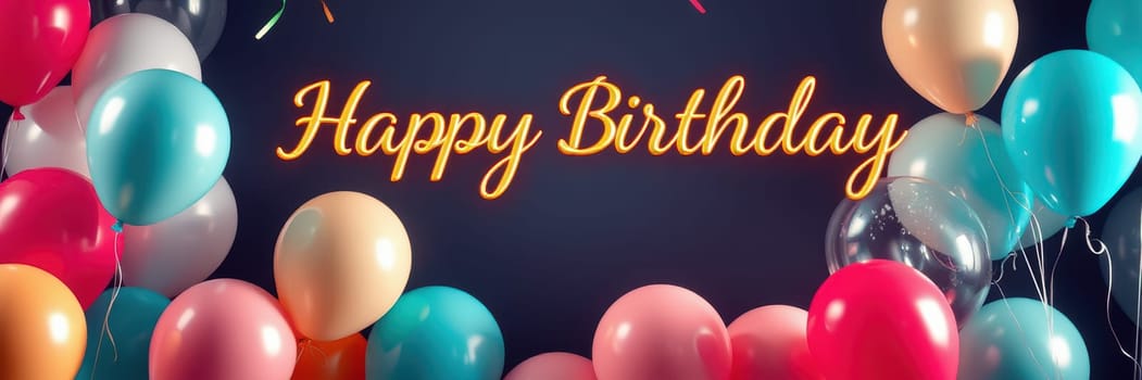 A vibrant arrangement of colorful balloons surrounds a cheerful birthday message, creating a joyful atmosphere perfect for party celebrations and gatherings.