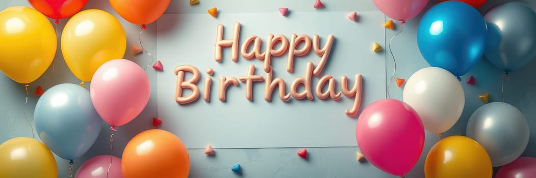 A cheerful birthday setup featuring various colorful balloons surrounding a sign that reads Happy Birthday. The scene conveys a festive atmosphere perfect for celebrations.