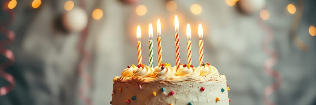 A beautifully decorated cake topped with lit candles glows warmly in a festive setting. Colorful decorations and soft lighting add to the joyful atmosphere of the birthday celebration.