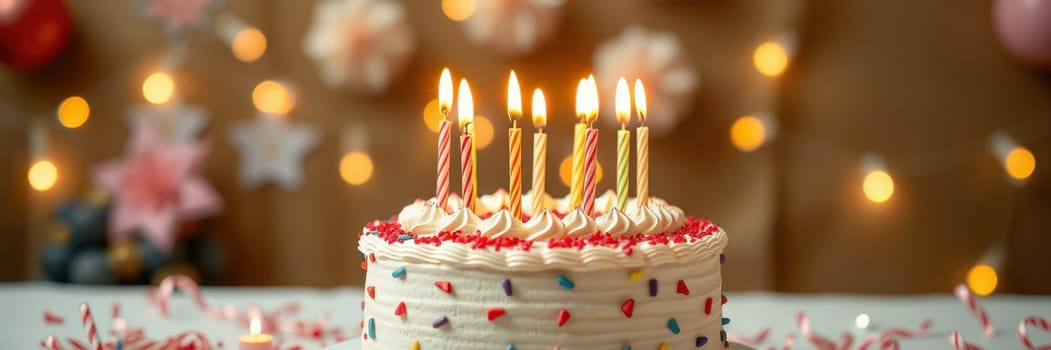 A beautifully decorated birthday cake with six colorful candles glowing on top sits on a table surrounded by festive decorations. The atmosphere is cheerful and bright.