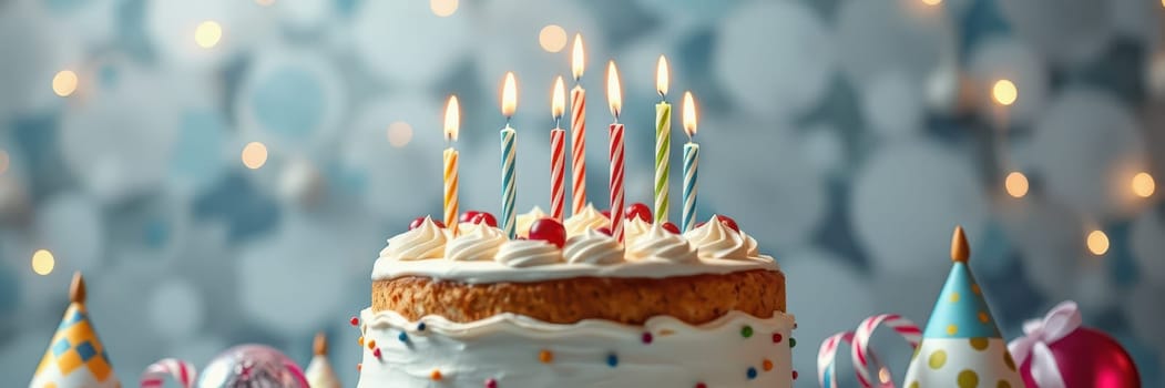 A beautifully decorated birthday cake sits at the center of a celebration, adorned with colorful candles and surrounded by festive party hats and sweets.