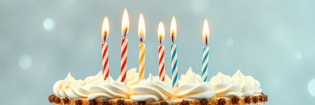 A delightful cake is adorned with six colorful candles, each aglow, set against a soft, shimmering background. This vibrant display captures the essence of celebration.