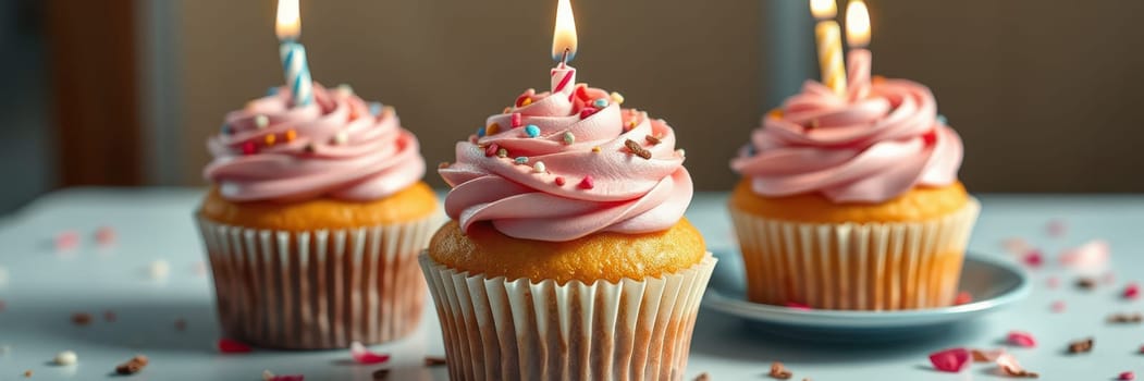 Three delicious cupcakes with pink frosting and colorful sprinkles sit on a table, each topped with a lit birthday candle, perfect for a celebration.