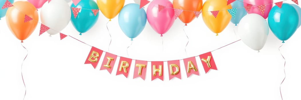 A vibrant display of balloons in various colors hangs above a joyful birthday banner, setting a cheerful mood for a special birthday celebration filled with fun and laughter.