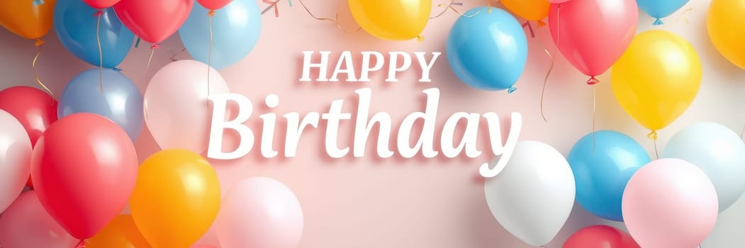Bright balloons in various colors accompany a cheerful Happy Birthday message, setting a lively mood for a birthday celebration. Perfect for party decor.