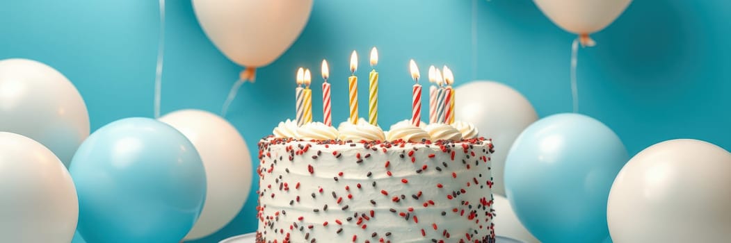 A beautifully decorated birthday cake with vibrant sprinkles sits on a table surrounded by pastel balloons. Colorful candles are lit on top, creating a joyful atmosphere for celebration.