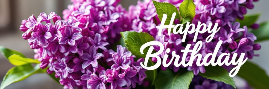 A vibrant bouquet of purple lilacs enhances the festive atmosphere for a birthday celebration. The flowers are complemented by green leaves and warm lighting.