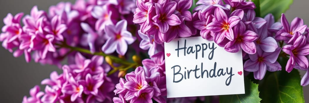 A bouquet of purple flowers, vibrant and fresh, is enhanced by a card saying Happy Birthday. This arrangement symbolizes joy, celebration, and appreciation.
