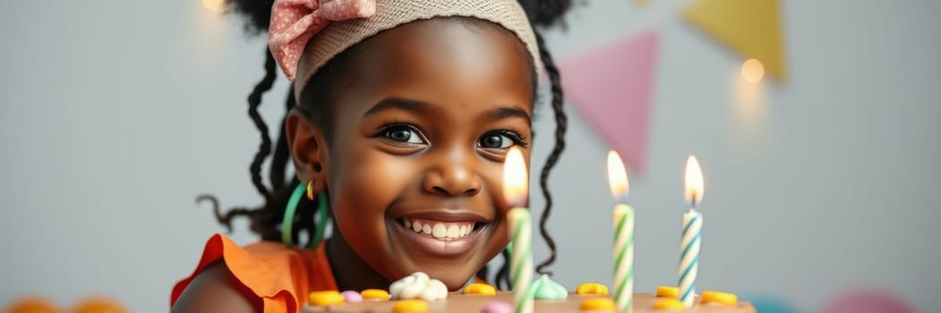 A girl with curly hair smiles brightly during her birthday celebration, surrounded by a decorated cake and colorful bunting, candles glowing in the background.