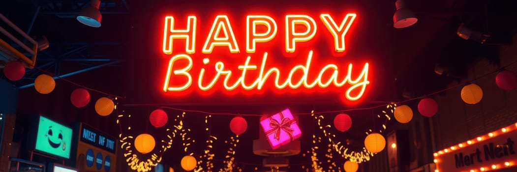 Vibrant neon lights spell out a friendly birthday message, while decorations of colorful lanterns and lights hang overhead, enhancing the festive mood of the celebration.