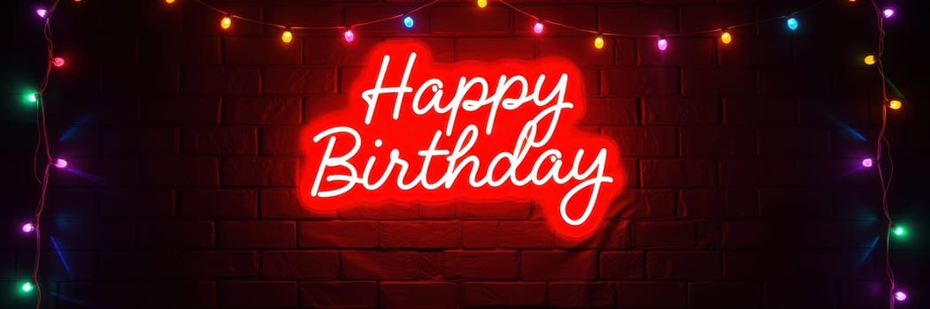 A striking neon sign displaying Happy Birthday stands out against a dark brick background decorated with vibrant, colorful lights, setting a joyful ambiance for the celebration.