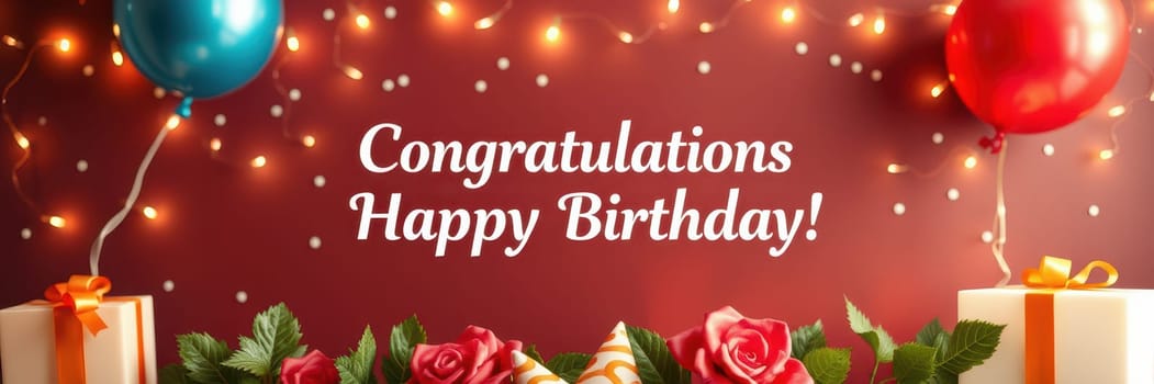 Colorful balloons and vibrant roses decorate a festive area, celebrating a birthday with lights, gifts, and a cheerful congratulations message.