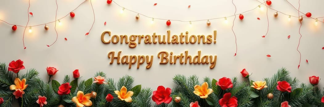 Colorful birthday decorations adorn the wall, featuring flowers and string lights. The words Congratulations and Happy Birthday convey heartfelt wishes for a festive celebration.