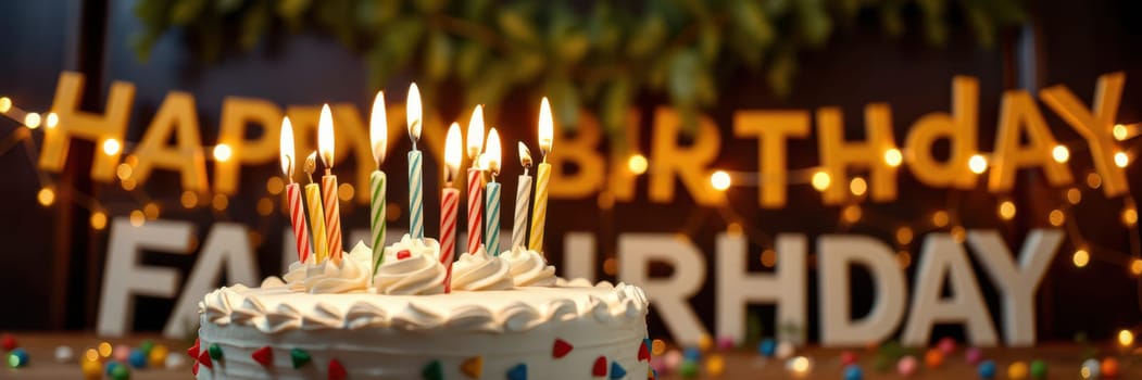 A beautifully decorated cake with lit candles sits in front of a banner celebrating a birthday. Colorful confetti adds to the festive atmosphere, creating a joyful scene.