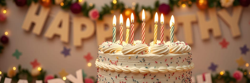 A beautifully decorated birthday cake with lit candles stands prominently against a backdrop of festive decorations and a happy birthday banner, creating a joyful atmosphere.