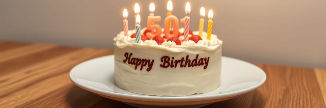 A beautifully decorated birthday cake sits on a white plate, featuring the message Happy Birthday and 50 colorful candles lit on top, creating a festive atmosphere.