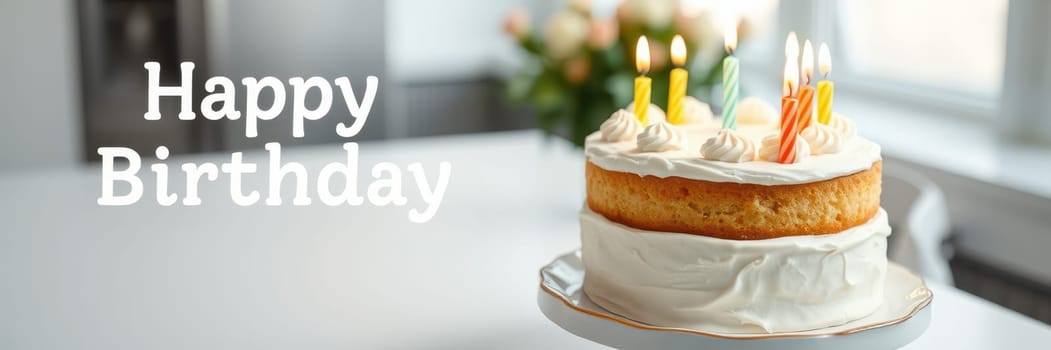 A beautifully decorated cake with colorful candles sits on a table in a well-lit room. The cake celebrates a birthday, surrounded by a festive atmosphere.