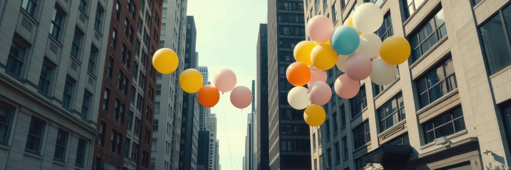 A cluster of vibrant balloons drifts gracefully overhead on a bustling urban street. Tall buildings line both sides under a clear blue sky, creating an energetic atmosphere.