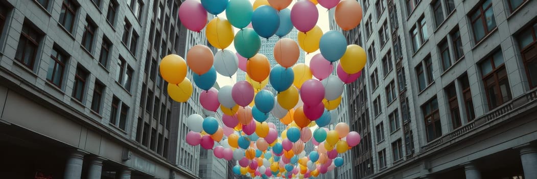 A lively street festival features a canopy of colorful balloons suspended above, creating a joyful atmosphere. The surrounding buildings enhance the festive vibe of the event.