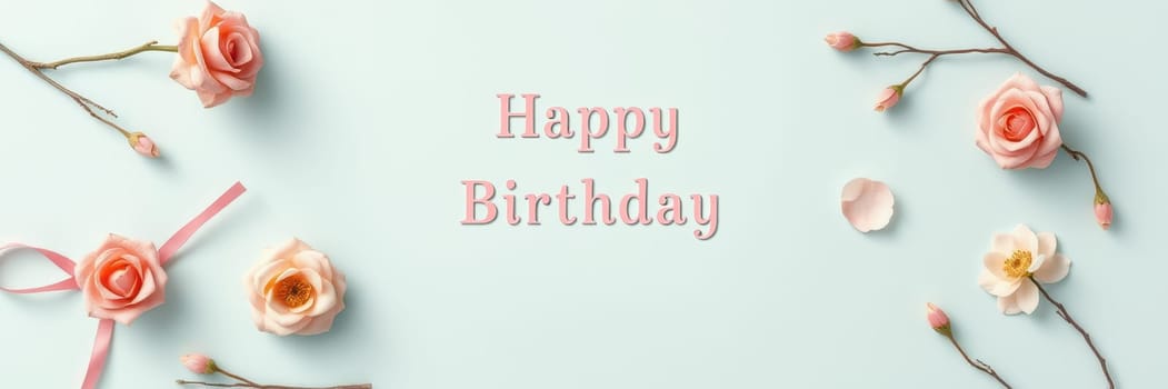 Delicate pink roses and blossoms surround a cheerful birthday greeting on a light blue background, creating a festive and inviting atmosphere for celebration.